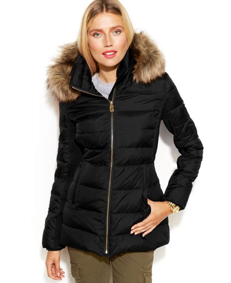 michael kors hooded down puffer coat with faux-fur trim|Michael Kors lightweight puffer coats.